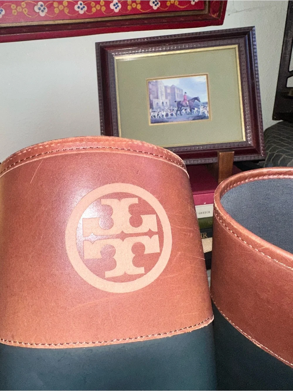 Tory Burch Black Rubber Rain Boots with Brown Logo Cuff